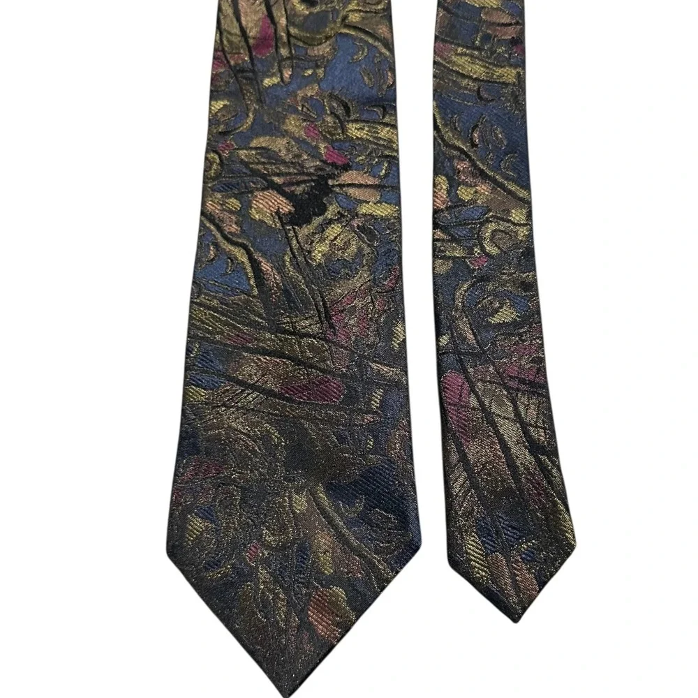 Ermenegildo Zegna Silk Tie Mens Abstract Metallic Gold Blue Jacquard Italy